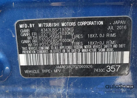 2016 Mitsubishi Outlander Sport 2.0 Es z USA, uszkodzony, nr VIN JA4AP3AU7GZ060926